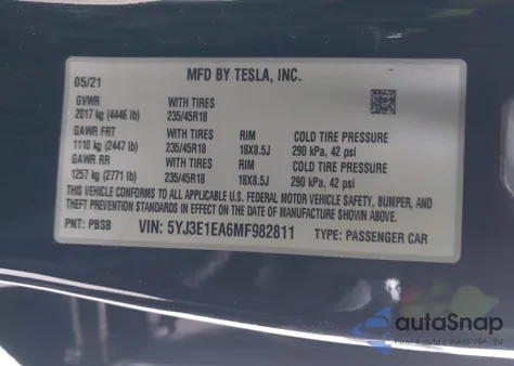 2021 Tesla Model 3 Standard Range Plus Rear-Wheel Drive из США, поврежденный, VIN 5YJ3E1EA6MF982811
